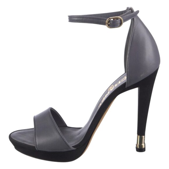 CHANEL Shoes - Chanel CC Logo Gray Leather Ankle Strap Heels Sandals